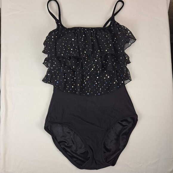 Longitude Size 10 One Piece Swimsuit Black Ruffled Top Sequins Slimming - Picture 2 of 15